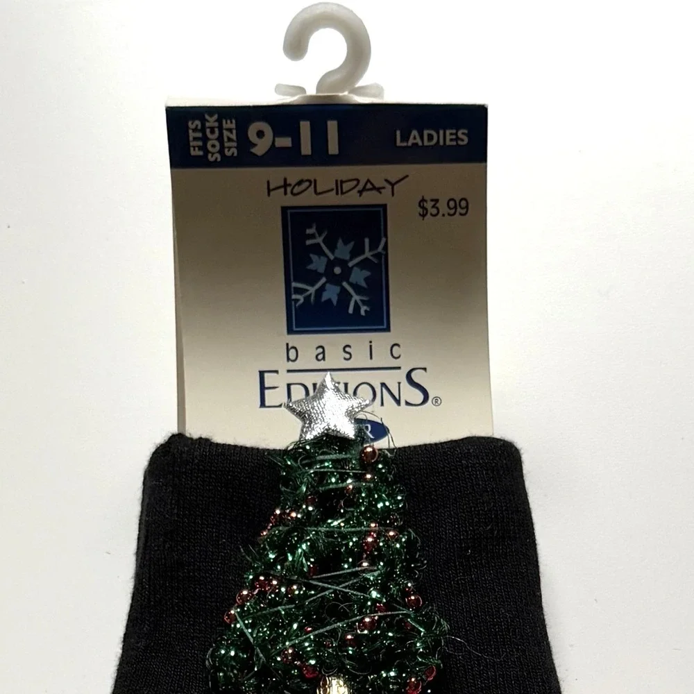 Basic Editions Holiday Christmas Tree Socks Red Sparkle Glitter 3D Tinsel NWT 9-